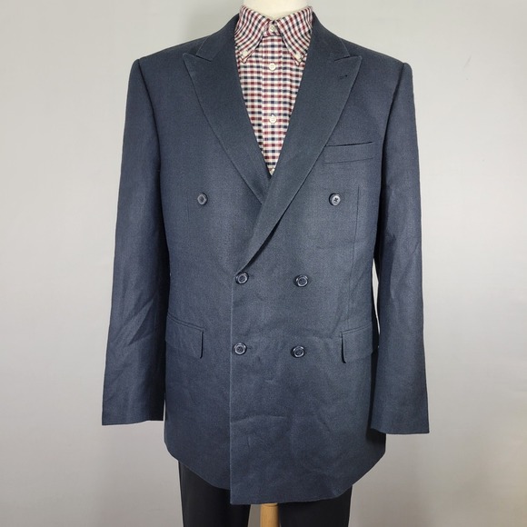 Alan‎ Flusser Men's Double Breast Sport Coat Blazer Peak Navy Silk Wool 44L